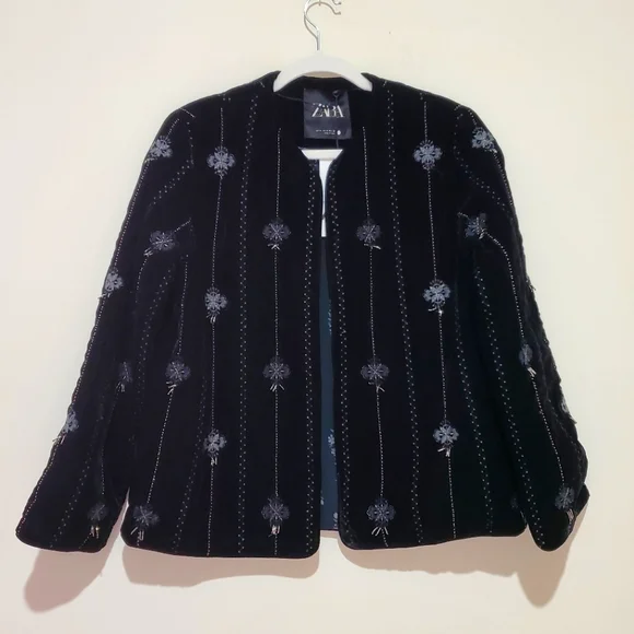 Black Velvet Embroidered Sequin Jacket Boho Geometric Size M